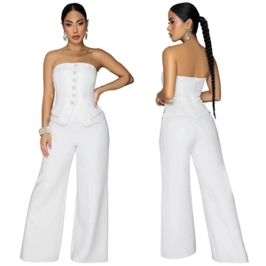 Detailed front and back view of white strapless jumpsuit with crystal buttons and wide leg