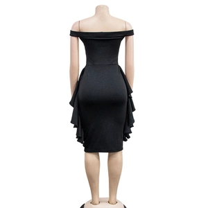 Rear view detail of off-shoulder black dress with symmetric side ruffles and slim fit
