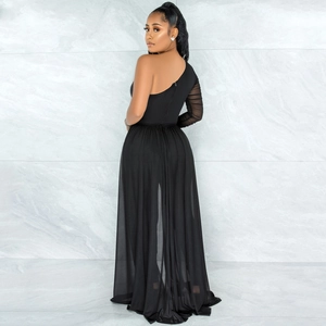 Detailed back view of sexy black one-shoulder jumpsuit with sheer mesh long sleeve and skirt