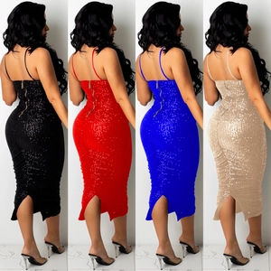 Glittery sequin bodycon slit dress for women in black, red, royal blue, and champagne