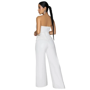 Detail view of the back invisible zipper on this elegant white strapless jumpsuit set