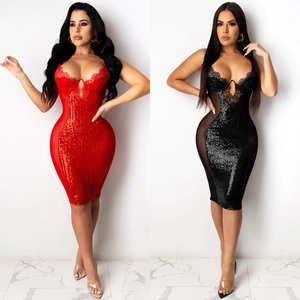Femme Sexy Paillettes Dentelle Midi Robe Bretelles Spaghetti Bodycon Boîte de Nuit Fête Maille Patchwork Fermeture Éclair Clubwear