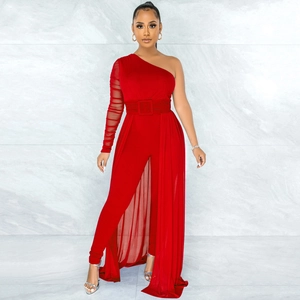 Sexy red one-shoulder mesh jumpsuit with long sleeves and elegant waist belt for women
