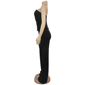 Side view of black strapless crop top and wide-leg trousers two-piece set for women