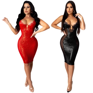 Robes moulantes sexy à paillettes avec dentelle cils et empiècements en mesh rouge et noir