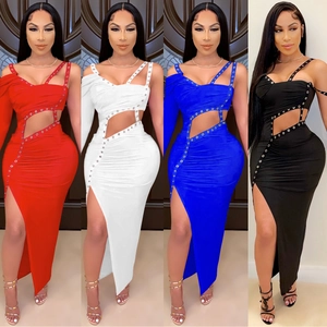 Robe Maxi Sexy à une Épaule pour Femme avec Découpes et Oeillets Métalliques Fente Haute Moulante pour Soirée Club