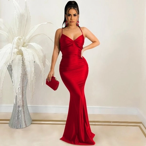 Sexy red backless mermaid dress with thin straps and a twisted bodice for women