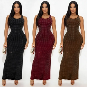 Robe Maxi Dos Nu Sexy pour Femme avec Strass Sans Manches Taille Haute Moulante Col en U Soirée Élégante Robe Longue