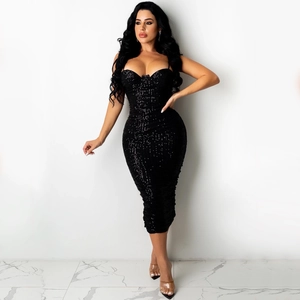 Slim fit black sequin midi dress for women featuring a strapless neckline and sleek silhouette