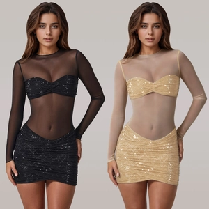 Damen Sexy Transparente Netz Strass Bodycon Kleid Elegant Hot-Drilling Langarm Mini Party Club Nachthemd Kleid