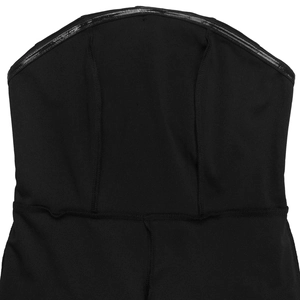 Detail of black strapless jumpsuit featuring non-slip silicone strip and elastic fabric