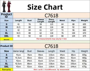 Detailed size chart for the elegant two-piece rhinestone top and long skirt set C7618
