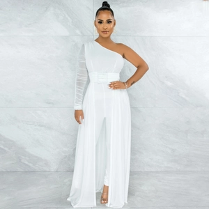 Detail of white one-shoulder jumpsuit with sheer mesh sleeve and layered tulle skirt