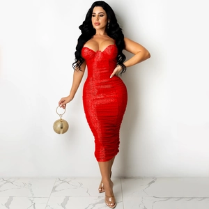 Sexy red sequin bodycon midi dress with sweetheart neckline and thin straps for parties