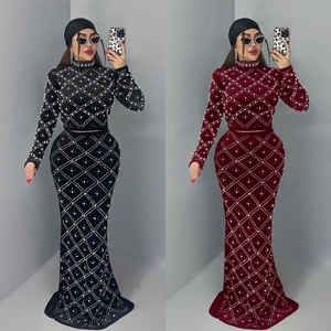 Elegant Women Velvet Crop Top And Fishtail Maxi Skirt Rhinestone Artificial Pearl Rhombic Grid Long Sleeve Formal Party Evening Dress