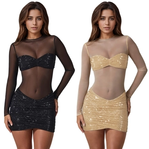 Sexy Damen Minikleid aus Mesh mit funkelnden Strasssteinen in Schwarz und Goldfarben