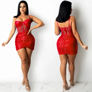 Front and back views of a red sequin corset dress with mesh panels and thin straps