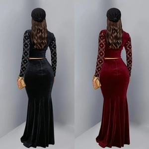 Elegant women velvet two-piece set featuring beaded sleeves and fishtail skirt