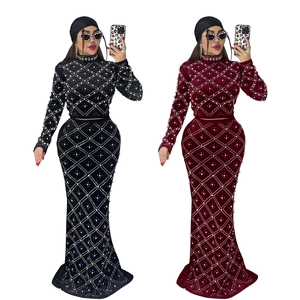 Elegant long sleeve velvet dress set with pearl rhinestone grid in black and wine red