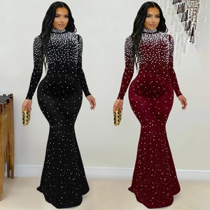 Robe de Soirée Élégante pour Femme Col Montant Manches Longues Sirène Dégradé de Strass et Künstliche Perles Robe de Fête Formelle