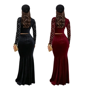 Detail of velvet top and fishtail skirt set with sparkling diamond sleeve patterns