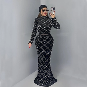 Elegant black velvet long-sleeve maxi dress with luxury pearl and rhinestone lattice patterns