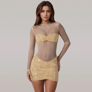 Damen Glamour-Set mit Pailletten und Mesh-Body in champagnerfarbenem Goldton