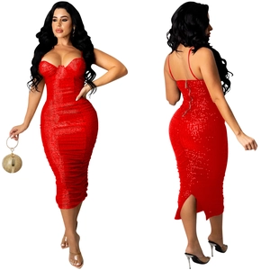 Front and back detail of a red sequin midi dress with spaghetti straps and ruched fabric