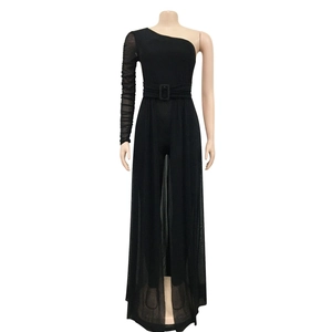 Detail of black one-shoulder jumpsuit featuring mesh long sleeves and a buckled waist belt
