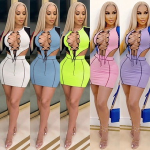Women Sexy Two Piece Skirt Set Long Sleeve Hollow Out Lace Up Patchwork Ribbed Knit Crop Top High Waist Mini Skirt Outfit