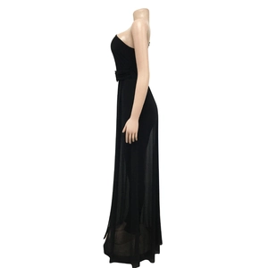 Detail of sheer black mesh layered skirt and high-waisted elastic fabric bodice