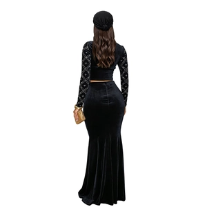 Detailed back view of black velvet two-piece set with beaded diamond mesh sleeves