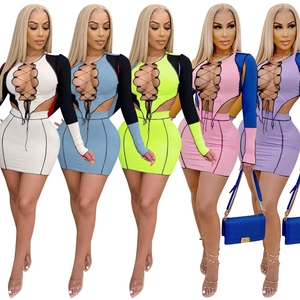 Women's sexy ribbed patchwork mini dress featuring front lace-up cutout and slim fit style