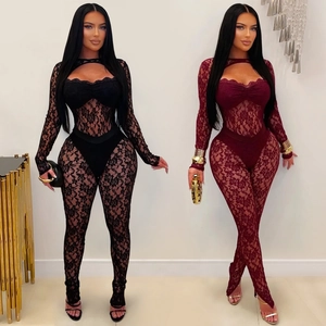 Combinaison Sexy en Dentelle à Manches Longues Femmes Évidé Transparent Floral Slim Fit Body Une Pièce Clubwear Tenue
