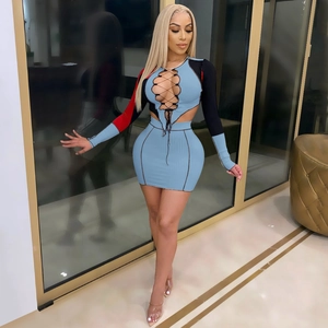 Women sexy two-piece knit set with cutout lace-up top and bodycon skirt in sky blue