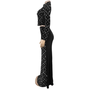 Side view of elegant velvet two-piece set featuring pearl rhombus patterns and high neck