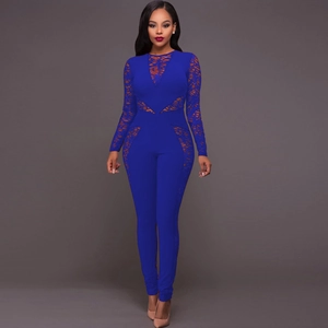 Sexy royal blue lace patchwork jumpsuit with long sleeves and slim fit for women