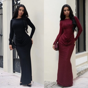 Elegant Glitter Bodycon Maxi Dress For Women Long Sleeve Draped Waist Back Slit Shiny Evening Party Banquet Dress Solid Color