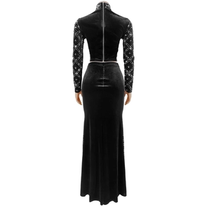 Detail of elegant black velvet two-piece set with rhinestone mesh patterns on back