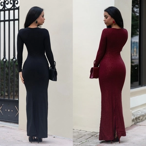 Elegant slim fit long sleeve sequin maxi dress in black and wine red with back slit