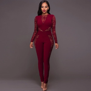 Elegant burgundy long sleeve lace jumpsuit with deep V-neck and mesh details