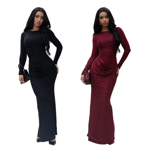 Elegant slim-fit long-sleeve maxi dress with waist ruching in black and burgundy glitter fabric
