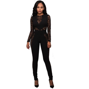 Detailed view of women's black slim fit jumpsuit with sheer floral lace patchwork sleeves