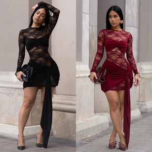 Women Sexy Lace Patchwork Long Sleeve Mini Dress Ruched Bodycon Party Nightclub Dress Black Burgundy