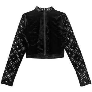 Detail of black velvet crop top featuring pearl bead diamond pattern and rear metal zipper