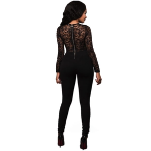 Detailed back view of a black lace jumpsuit featuring an elegant long metal zipper