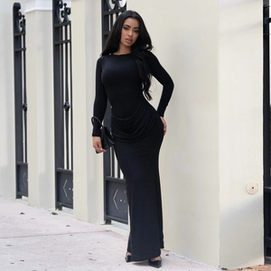 Elegant black long sleeve maxi dress with pleated waist and shimmering fabric for women