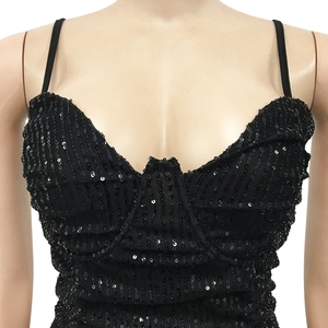 Close-up of black sequined top showing detailed embroidery and shimmering party texture