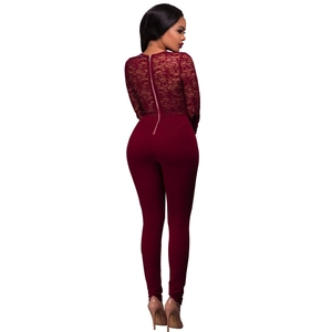 Detail view of deep red lace bodysuit with floral texture and back metal zipper