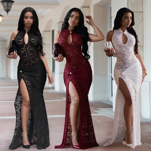 Women Sexy Lace Hollow Out Slit Slim Fit Evening Gown Halter Neck Sleeveless Ruched Maxi Dress Wedding Party Banquet Formal Wear
